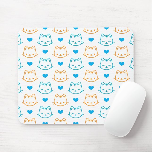 Cute Kawaii Turquoise and Orange Cat Faces Pattern Mouse Mat (With Mouse)