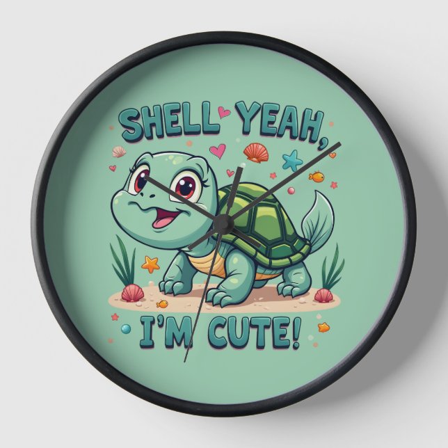 Cute Kawaii Turtle with Funny Pun Ocean Aesthetic Clock (Front)