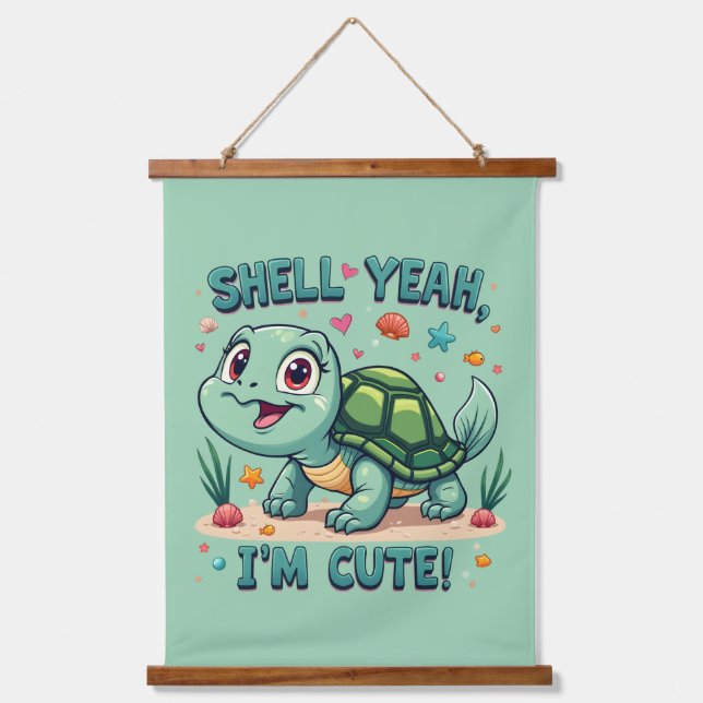 Cute Kawaii Turtle with Funny Pun Ocean Aesthetic Hanging Tapestry (Front)