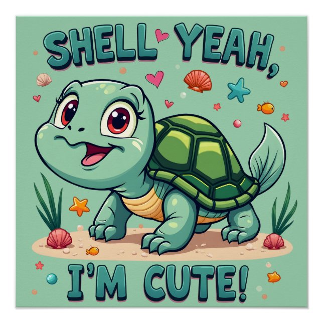 Cute Kawaii Turtle with Funny Pun Ocean Aesthetic Poster (Front)