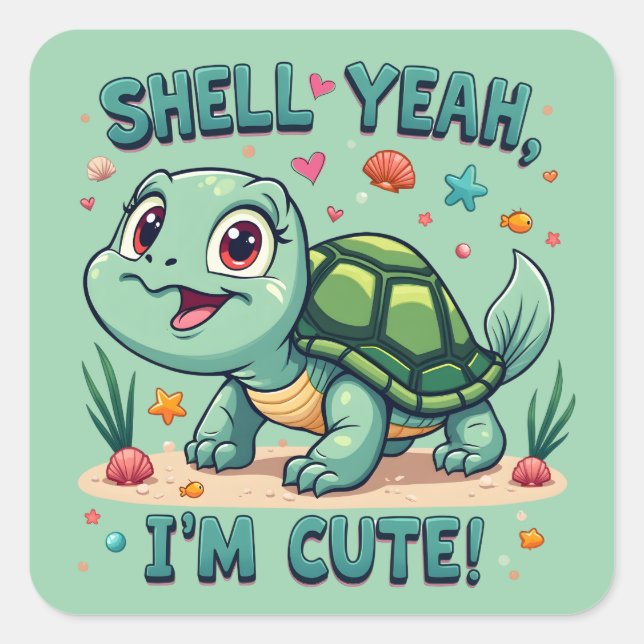Cute Kawaii Turtle with Funny Pun Ocean Aesthetic Square Sticker (Front)