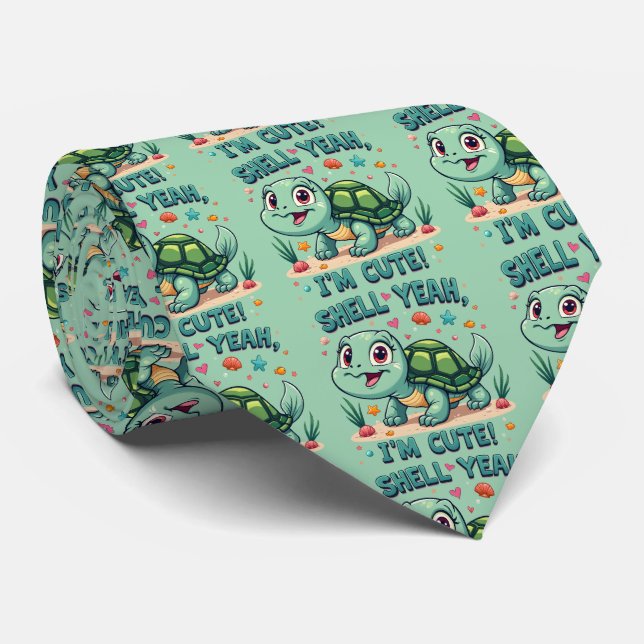 Cute Kawaii Turtle with Funny Pun Ocean Aesthetic Tie (Rolled)