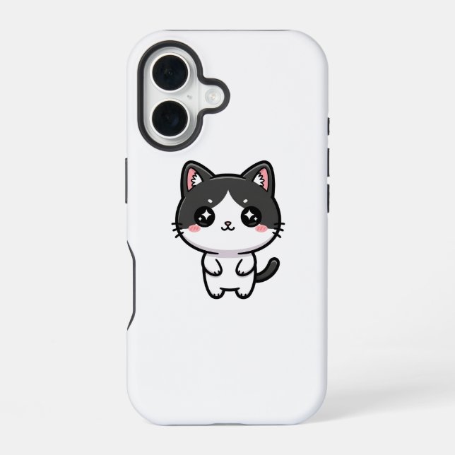 Cute Kawaii Tuxedo Cat Standing Character iPhone 16 Case (Back)