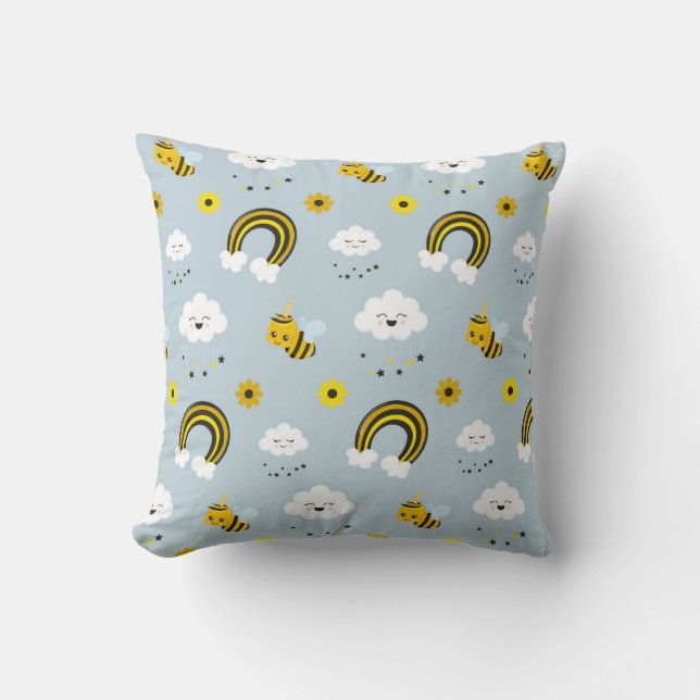 Cute Kawaii Unicorn Bees and Rainbow Grey Yellow Cushion (Front)