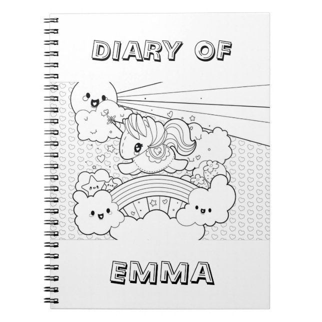 Cute Kawaii Unicorn colouring cover page with name Notebook (Front)
