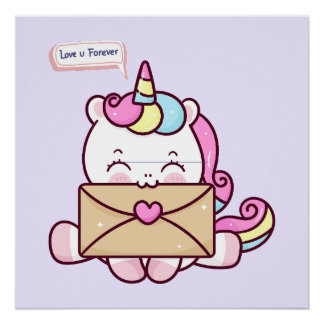 Cute Kawaii Unicorn Love Illustration Poster