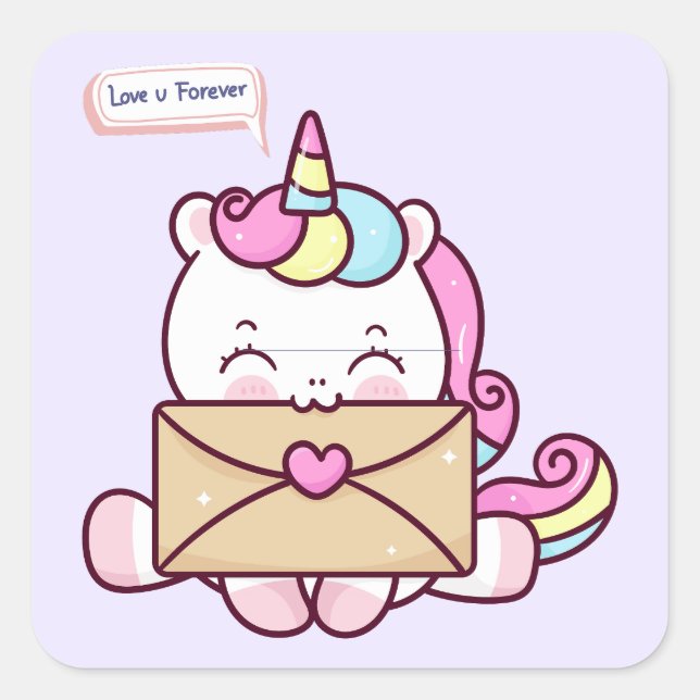 Cute Kawaii Unicorn Love Illustration Square Sticker (Front)