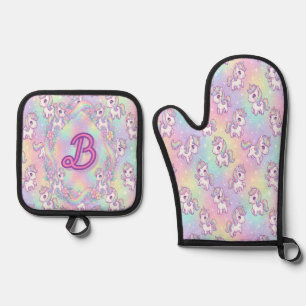 Cute Kawaii Unicorn Pastel Rainbow Magical Oven Mitt & Pot Holder Set