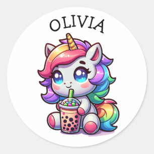 Cute Kawaii Unicorn with Bubble Tea Personalised Classic Round Sticker