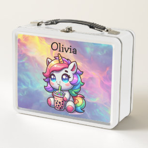 Cute Kawaii Unicorn with Bubble Tea Personalised Metal Lunch Box