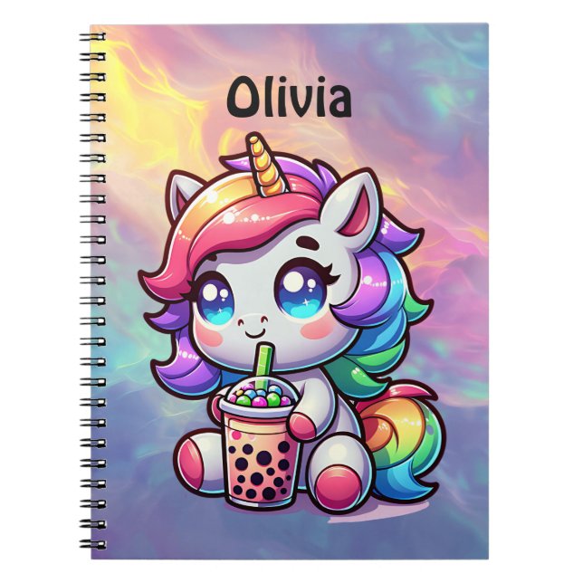 Cute Kawaii Unicorn with Bubble Tea Personalised Notebook (Front)