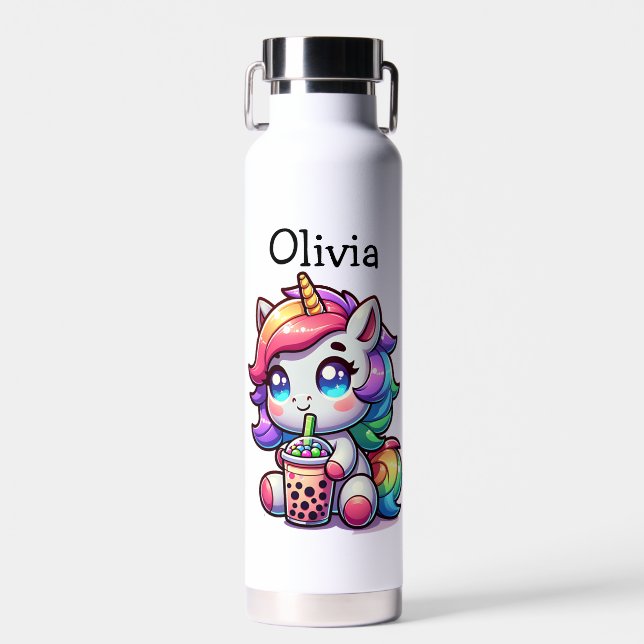 Cute Kawaii Unicorn with Bubble Tea Personalised Water Bottle (Front)