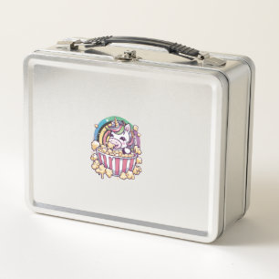 Cute kawaii unicorn with popcorn Long Sleeve T-Shi Metal Lunch Box