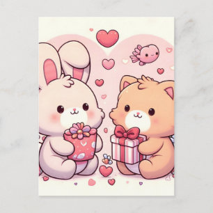 Cute Kawaii Valentine Bunny Bear Love Gift Announcement Postcard