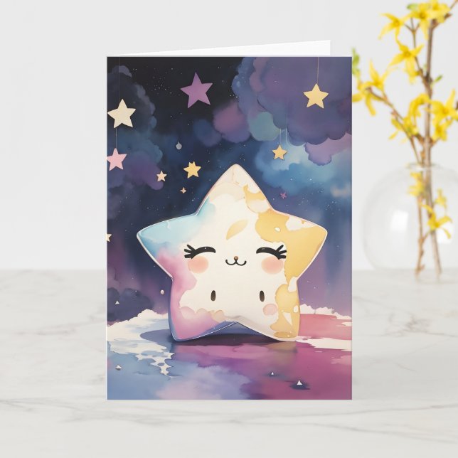 Cute Kawaii Watercolor Star Nursery Baby  Card (Yellow Flower)