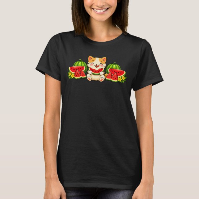 Cute Kawaii Watermelon Cat Summer Illustration T-Shirt (Front)