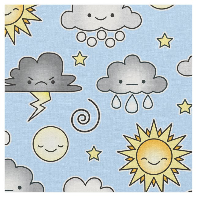 Cute Kawaii Weather Clouds Climate Fabric (Close Up)
