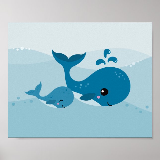 Cute kawaii whales swimming in soft blue waves poster (Front)