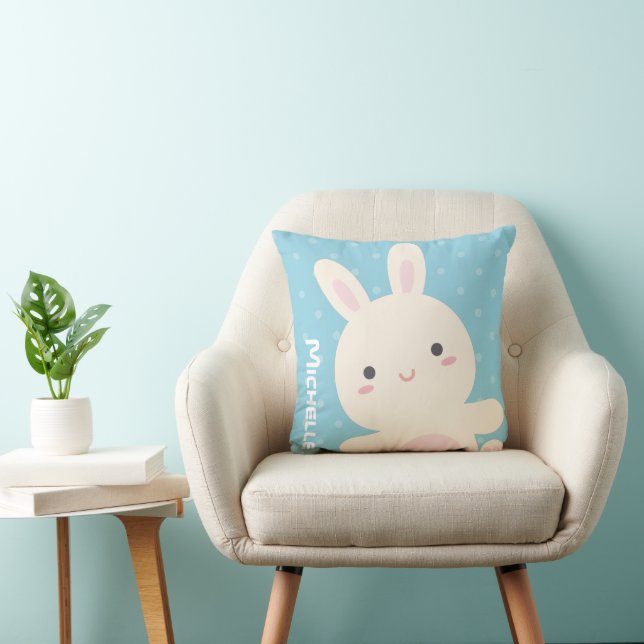 Cute Kawaii White Bunny Pastel Blue Kids Nursery Cushion (Chair)