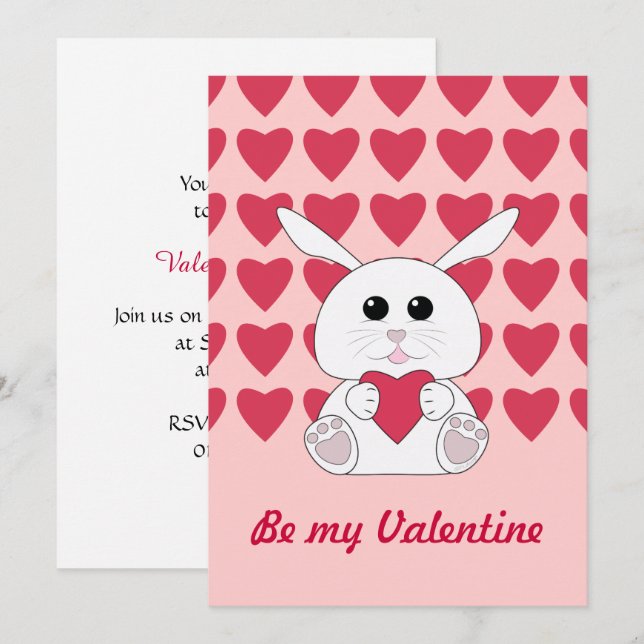 Cute Kawaii White bunny Valentines Heart Invite (Front/Back)