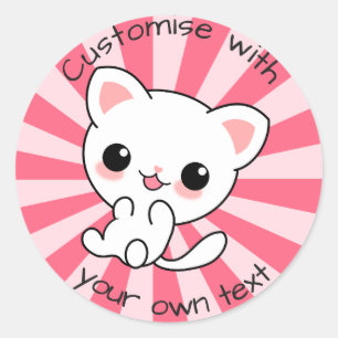 Cute kawaii White Cat Custom Pink Classic Round Sticker