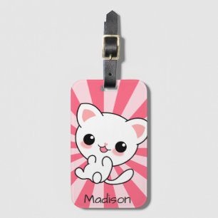 Cute kawaii White Cat Personalised Pink Luggage Tag