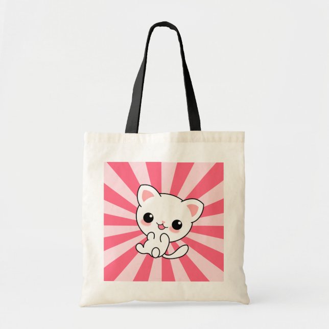 Cute kawaii White Cat Pink Tote Bag (Front)