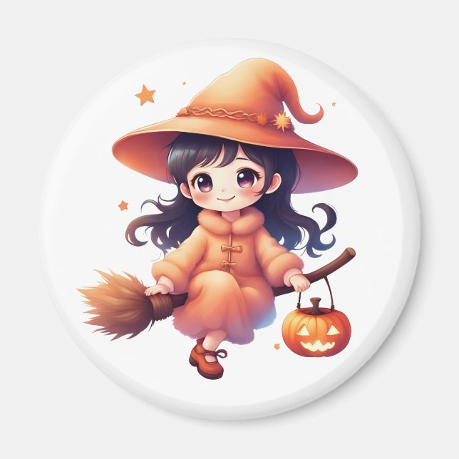 Cute Kawaii Witch Halloween Magnet – Witch with Pu (Front)