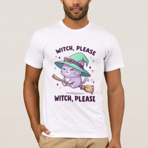 Cute Kawaii Witch Please Cat on Broom T-Shirt