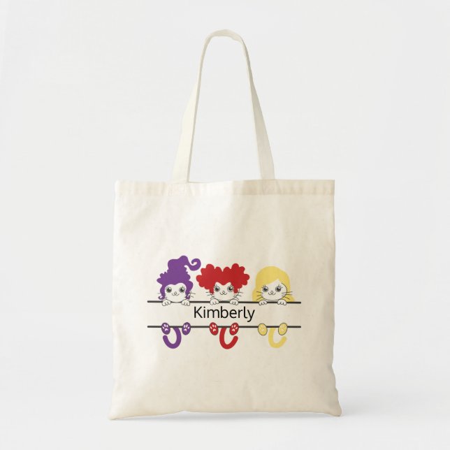Cute Kawaii Witch Sisters Cats Name Monogram Tote Bag (Front)