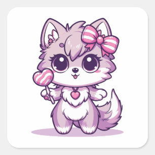 Cute Kawaii Wolf With Lollipop Square Sticker