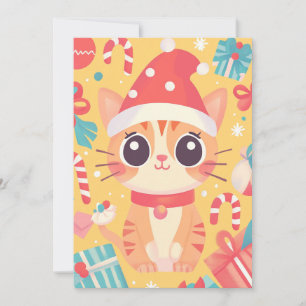 Cute Kawaii Xmas Cat  Candy Cane Gifts Custom Text Holiday Card
