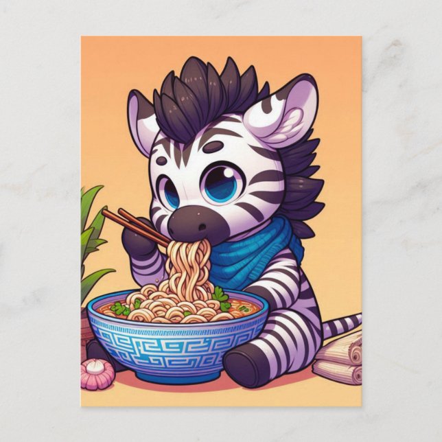 Cute Kawaii Zebra Eating Ramen Postcard (Front)