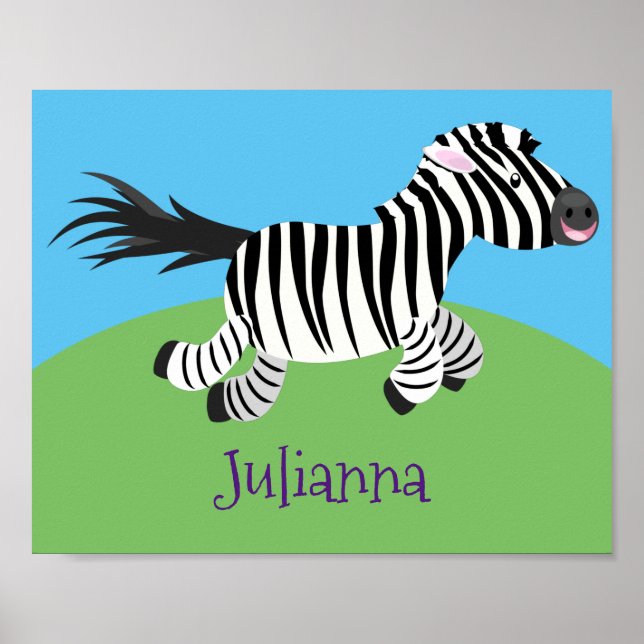 Cute kawaii zebra running cartoon illustration poster (Front)