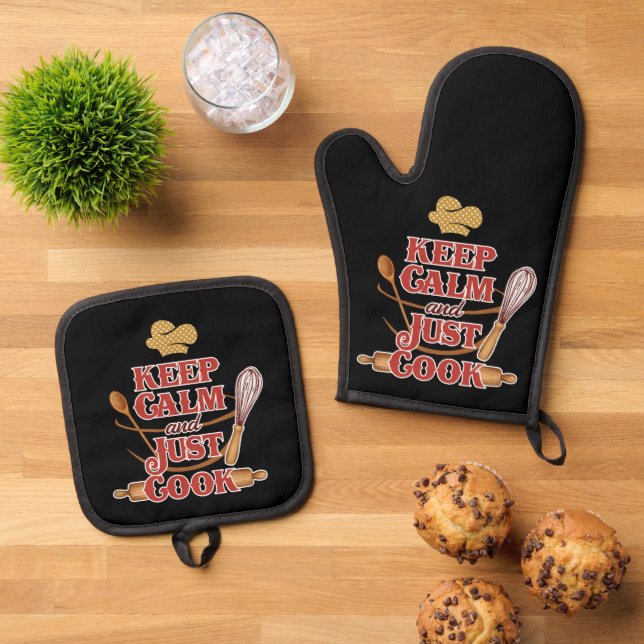 Cute keep calm cook word art oven mitt & pot holder set (Top Down)