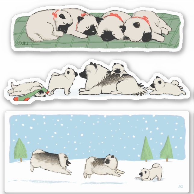Cute Keeshond Dogs Kees Holiday Vinyl Sticker Set (Front)