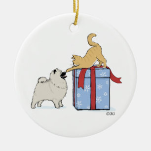 Cute Keeshond Puppy and Kitten Christmas Ceramic Tree Decoration