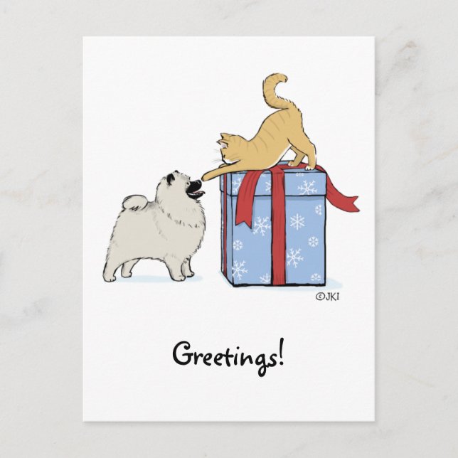 Cute Keeshond Puppy and Kitten Christmas Holiday Postcard (Front)