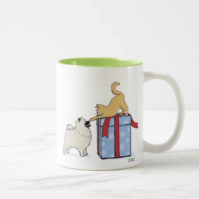 Cute Keeshond Puppy and Kitten Christmas Holiday Two-Tone Coffee Mug (Right)