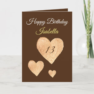 Cute Khaki Watercolor Heart 13th Birthday Card