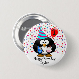 Cute  Kid 1st Happy Birthday Penguin 6 Cm Round Badge