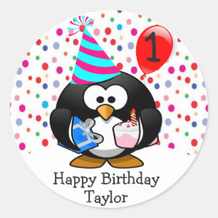 Cute  Kid 1st Happy Birthday Penguin Classic Round Sticker