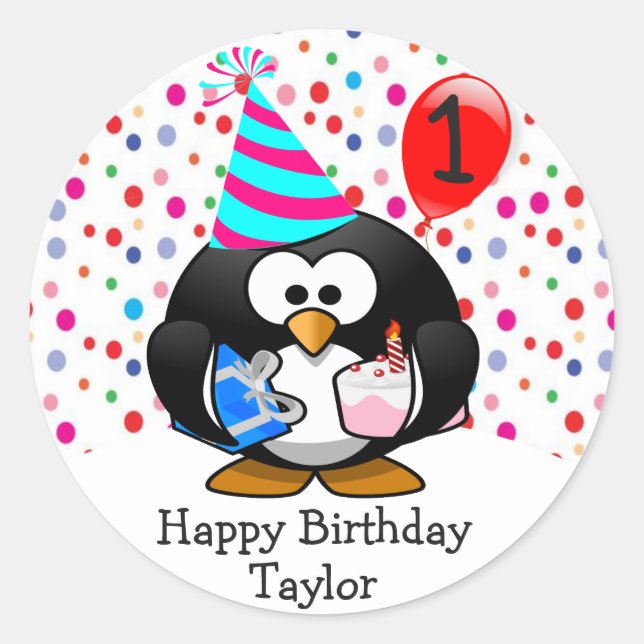 Cute  Kid 1st Happy Birthday Penguin Classic Round Sticker (Front)