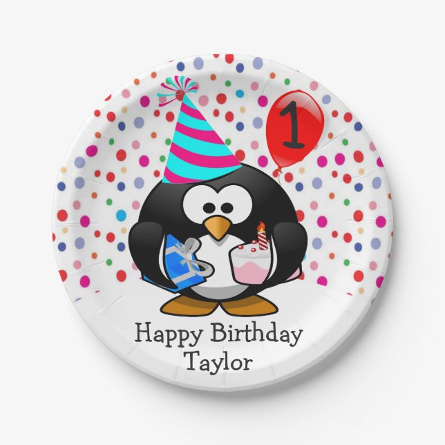 Cute Kid 1st Happy Birthday Penguin Paper Plate (Front)