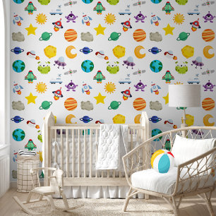 Cute Kid Colours Watercolor Planets Pattern Wallpaper