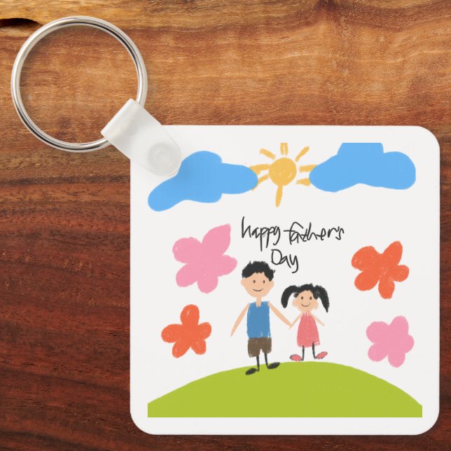 Cute Kid Drawing Happy Father's Day Keychain (Front)