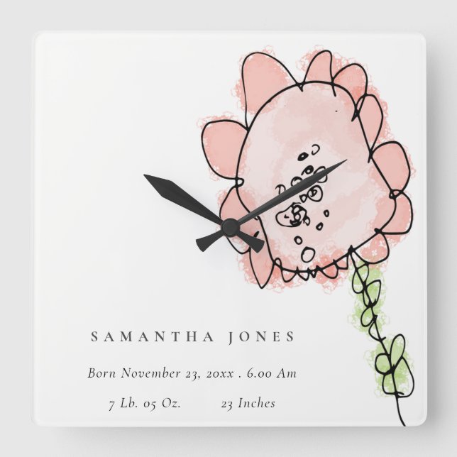 Cute Kid Drawn Blush Peach Flower Baby Birth Stat  Square Wall Clock (Front)