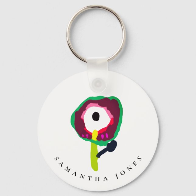 Cute Kid Drawn Colourful Green Pink Flower Key Ring (Front)