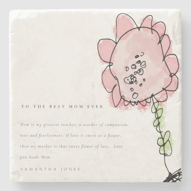 Cute Kid Drawn Pink Flower Botanical Mother's Day Stone Coaster (Front)