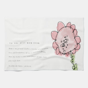 Cute Kid Drawn Pink Flower Botanical Mother's Day Tea Towel